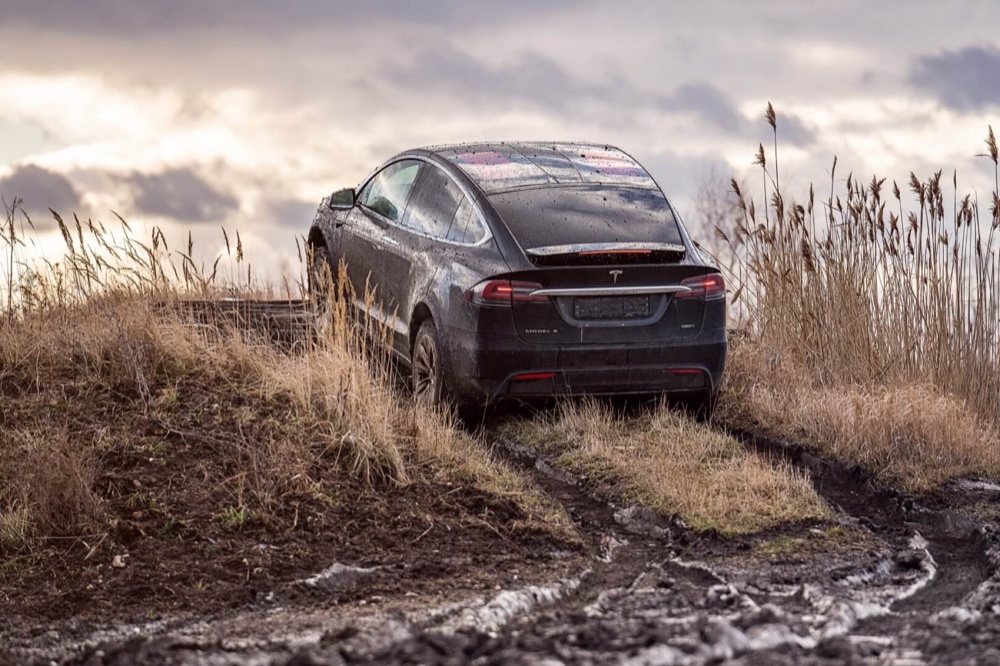 Tesla Model X v terénu mezi rákosím